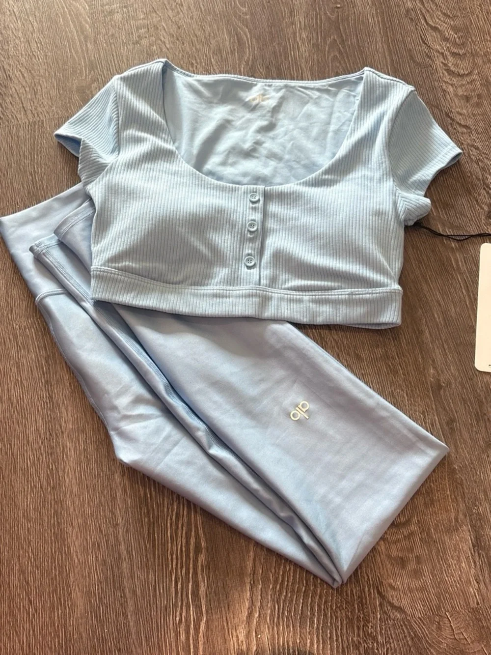 ALO Yoga Ribbed Cropped Top & High-Waist Leggings Set in Light Blue - Picture 2 of 6